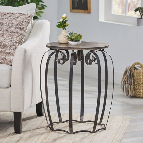 Modern Industrial End Table With Mango Wood Top And Iron Frame - Gray