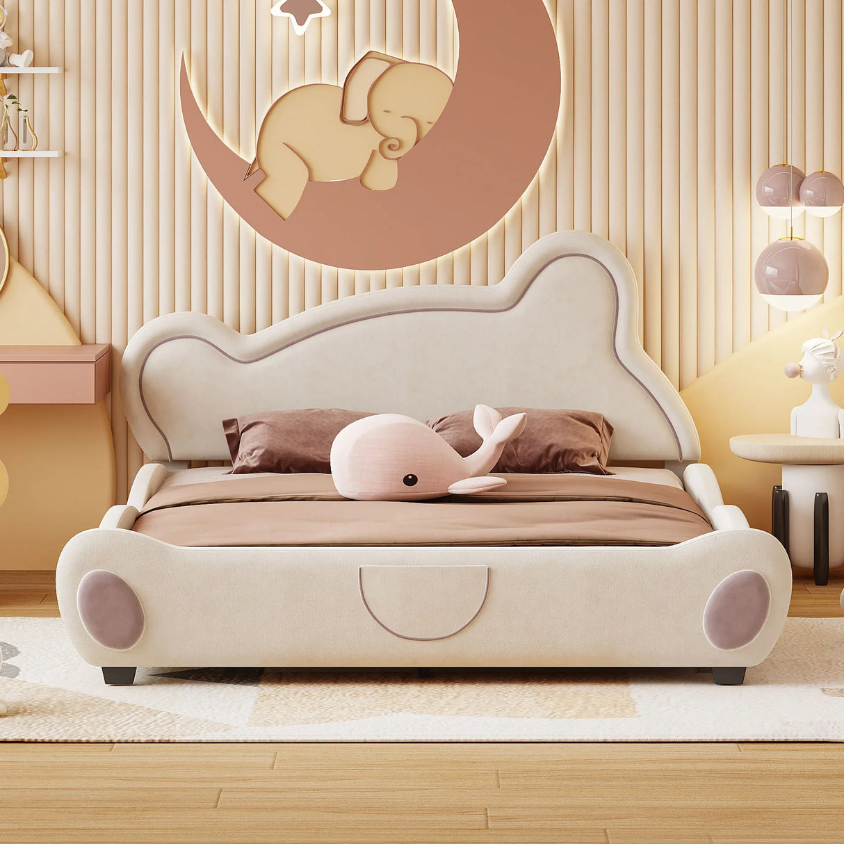 Kids Bed Bear Headboard with BuiltIn Storage Beige - Furniture Home Direct