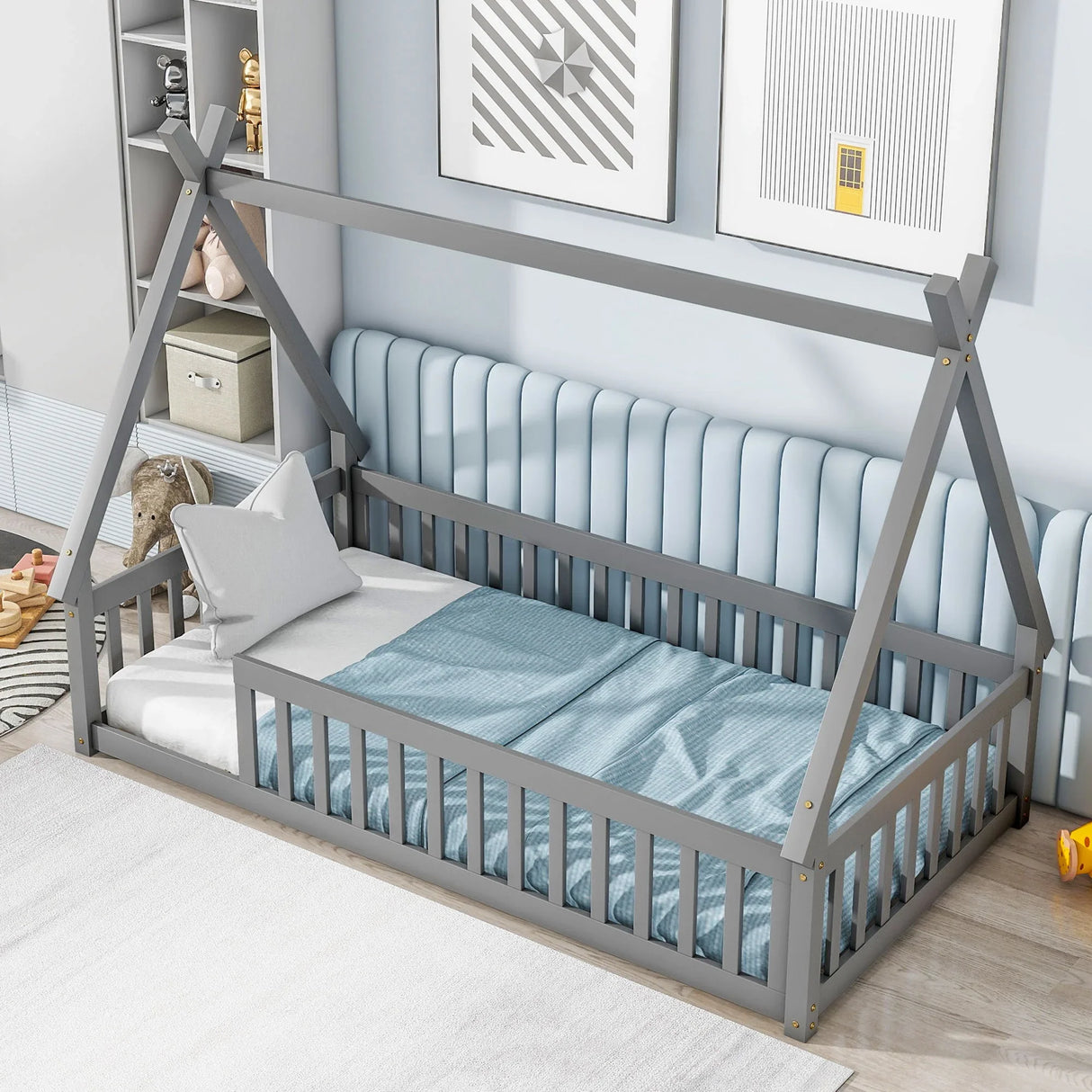 Tent-Shaped Floor Bed, Teepee Bed With Guardrails, Slats - Furniture Home Direct