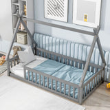 Tent-Shaped Floor Bed, Teepee Bed With Guardrails, Slats - Furniture Home Direct