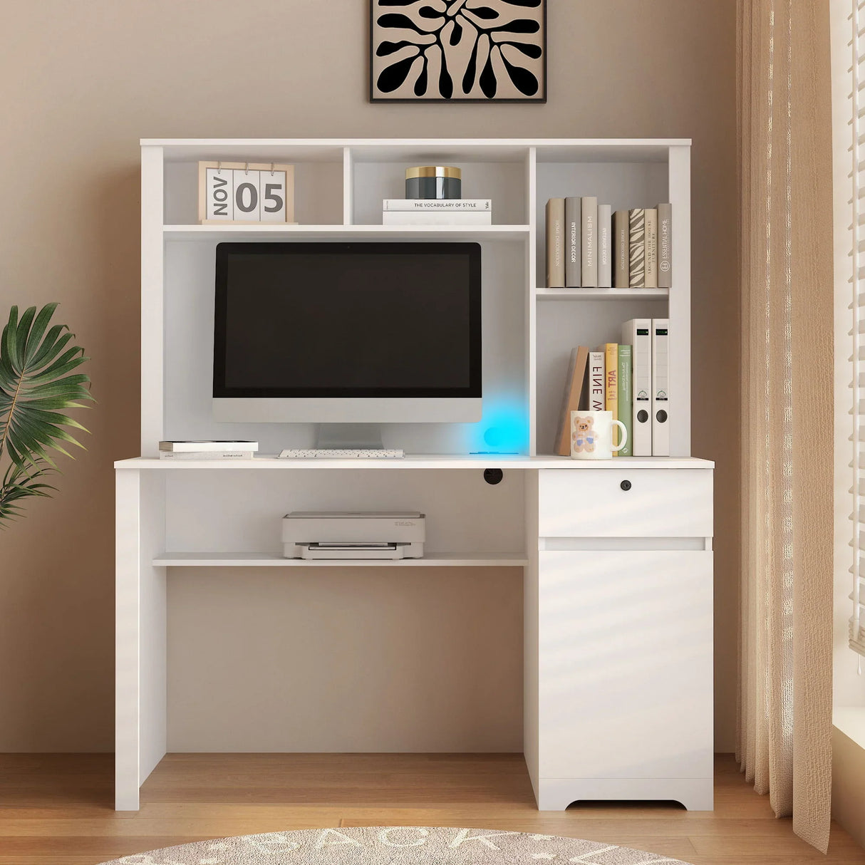 Computer Desk With Hutch & Bookshelf, Wood Executive Desk Teens Student Desk Writing Laptop Home Office Desk With Drawers, 3 Ac Outlets And 2 USB Charging Ports, Study Laptop Table For Home - White - Furniture Home Direct