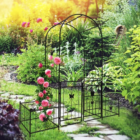 Metal Garden Arch With Gate High Climbing Plants Support Rose Arch Outdoor - Black - Furniture Home Direct