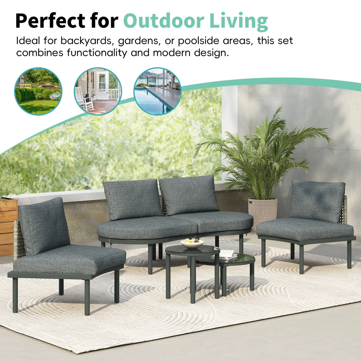 6 Piece Patio Set, Half Moon Outdoor Sectional Sofa With 2 High Low Coffee Tables, 4 Pillows & Cushions - Furniture Home Direct