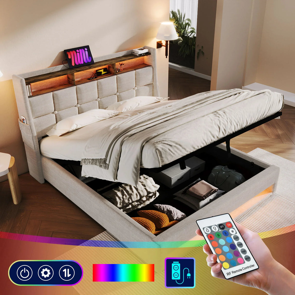 Upholstered Platform Bed With A Hydraulic Storage System, LED And USB Charging (Without Mattress) - Furniture Home Direct