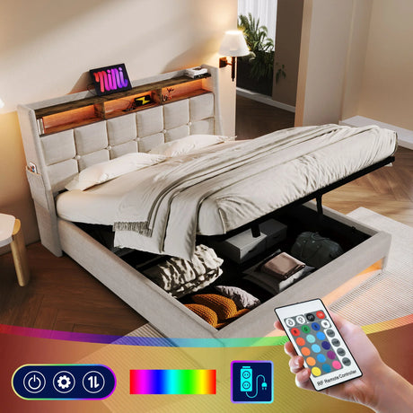 Upholstered Platform Bed With A Hydraulic Storage System, LED And USB Charging (Without Mattress) - Furniture Home Direct