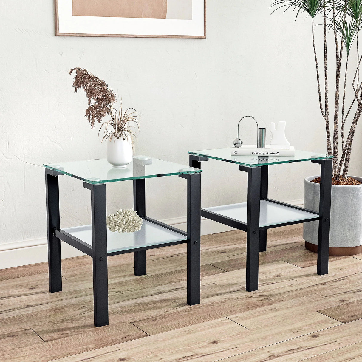 Glass Two Layer Tea Table, Small Round Table, Bedroom Corner Table, Living Room Side Table, Transparent (Set of 2) - Black - Furniture Home Direct
