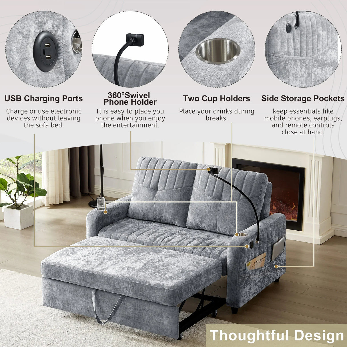 Sleeper Sofa With Adjustable Backrest, Two Cup Holders, Phone Holder, Three Charging Ports And Side Storage Pockets - Gray - Furniture Home Direct
