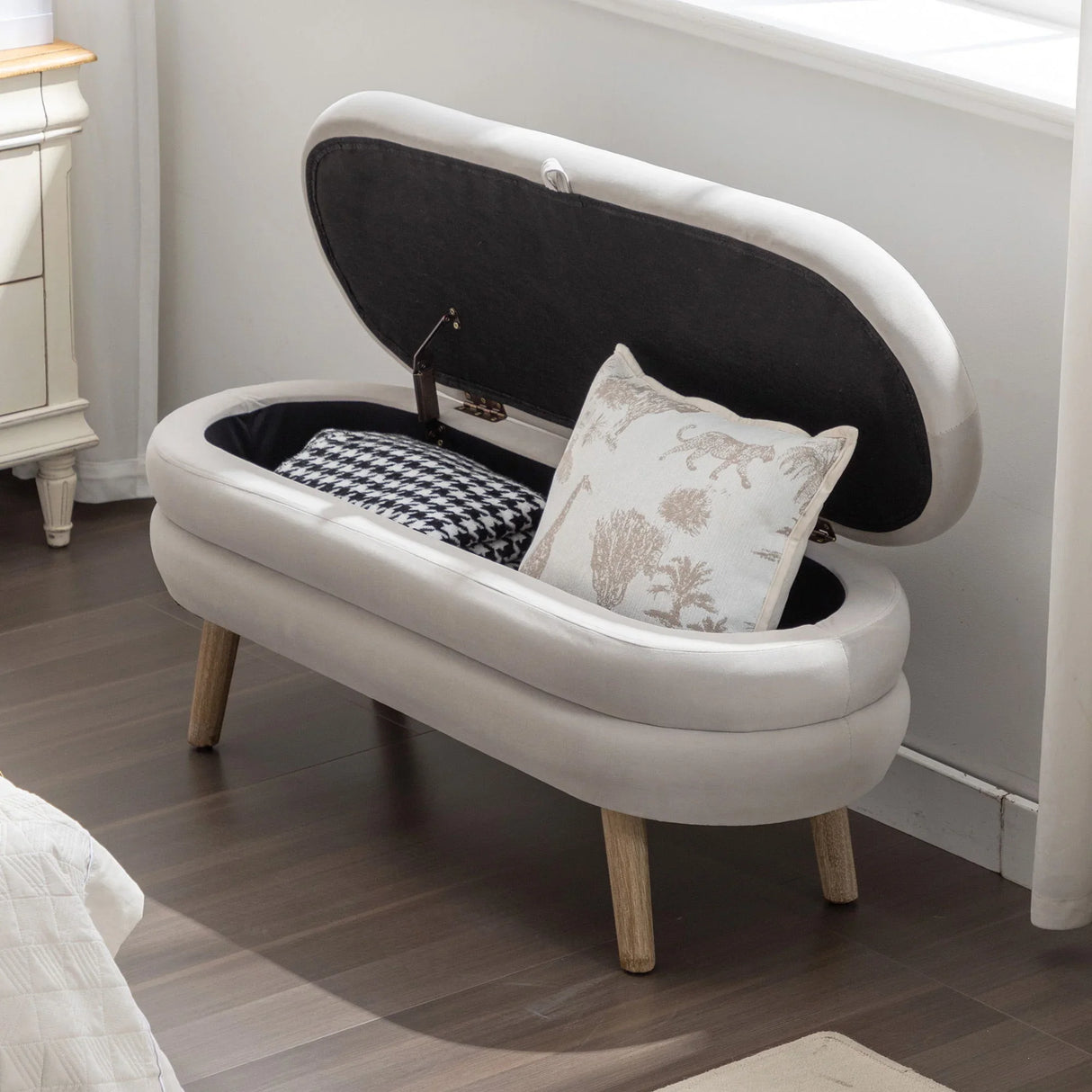 Velvet Fabric Storage Bench With Wood Legs - Furniture Home Direct