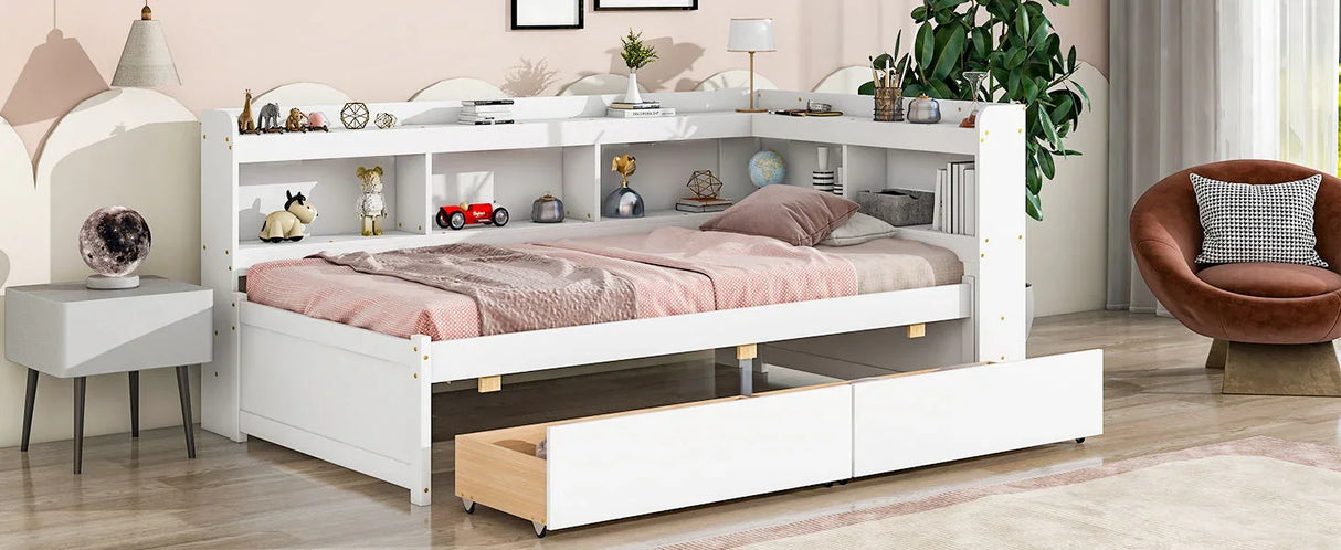 Twin Bed With L-Shaped Bookcases, Drawers - Furniture Home Direct
