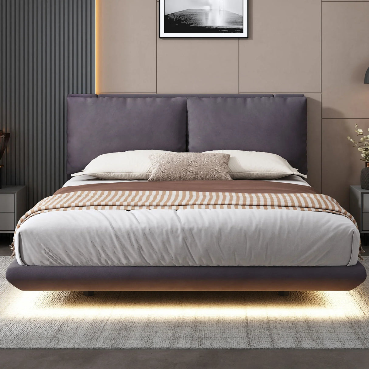 Upholstered Platform Bed With Sensor Light And 2 Large Backrests, With 2 Sets Of USB Port And Socket On Each Rear Bed Leg - Furniture Home Direct