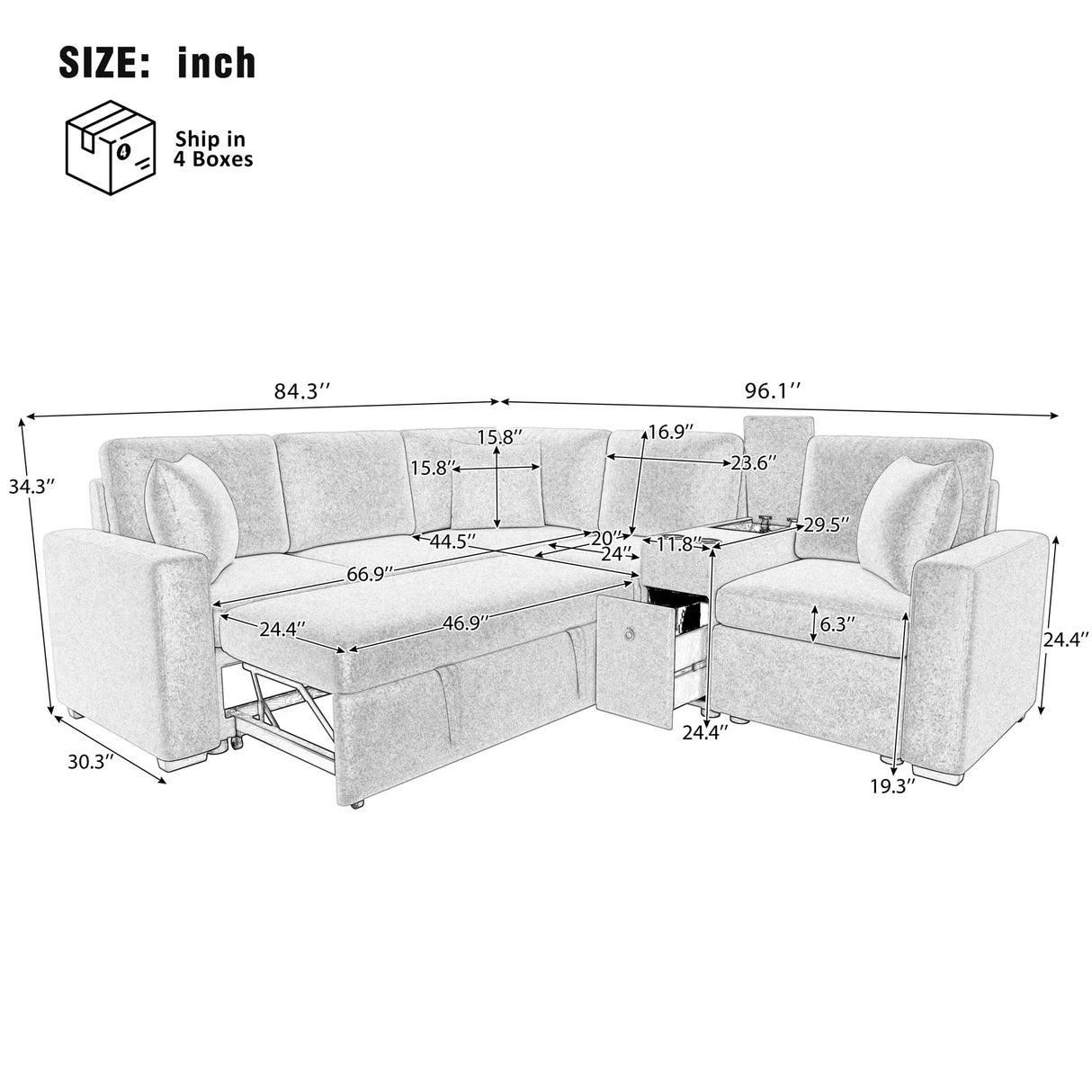 Contemporary L Shaped Convertible Sofa Bed With Pull Out Bed, Cup Holders, And Storage - Furniture Home Direct