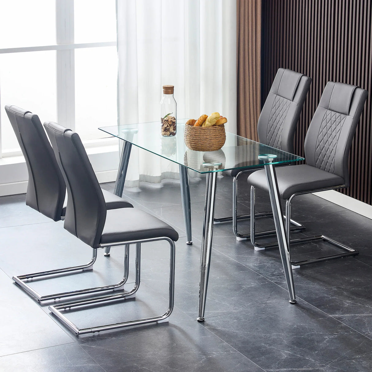 Dining Chair Set Modern Faux Leather With Chrome Base Gray - Furniture Home Direct