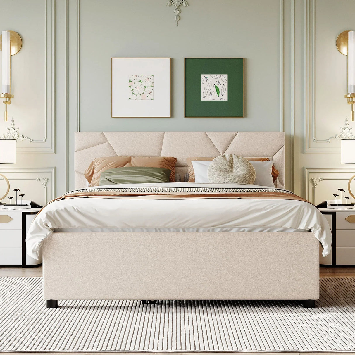 Upholstered Platform Bed With Brick Pattern Headboard And Twin Long Size Trundle - Furniture Home Direct