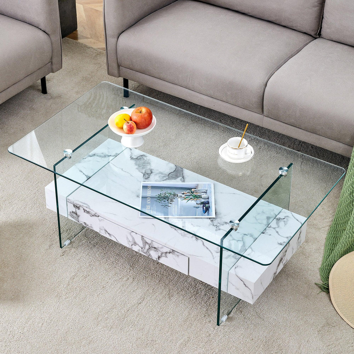 Coffee Table Glass Top Marble Base Modern Style White - Furniture Home Direct