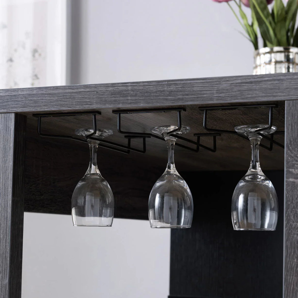 Home Bar Table With Wine Glass Compartment And Three Shelves - Distressed Gray / Black - Furniture Home Direct