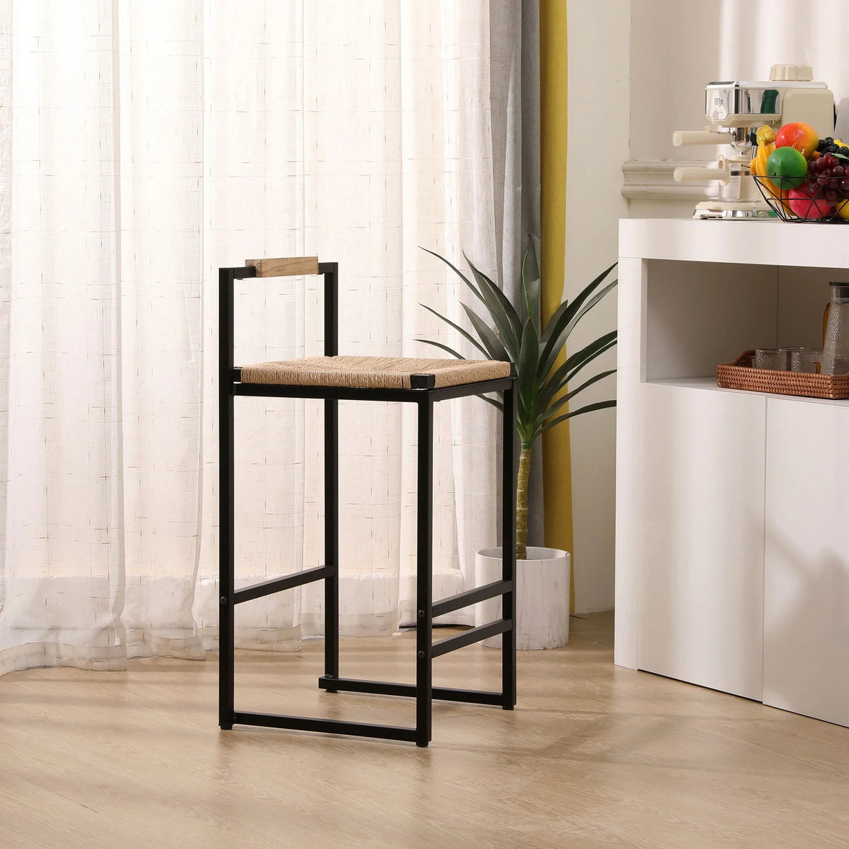 Stylish (Set of 2) Bar Stools With Backrest And Paper Rope Woven Seat, Counter Height Dining Chairs For Kitchen - Natural - Furniture Home Direct