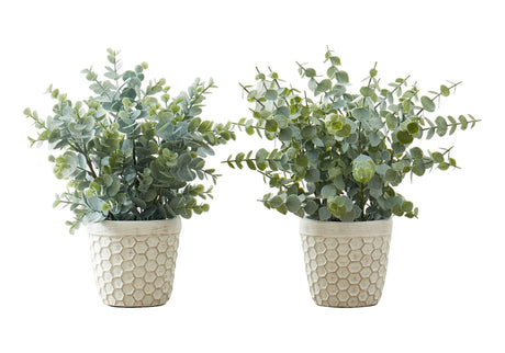 13" Tall, Artificial Plant, Eucalyptus Grass, Indoor, Faux, Fake, Table, Greenery, Potted, Decorative (Set of 2) - Green / White - Furniture Home Direct
