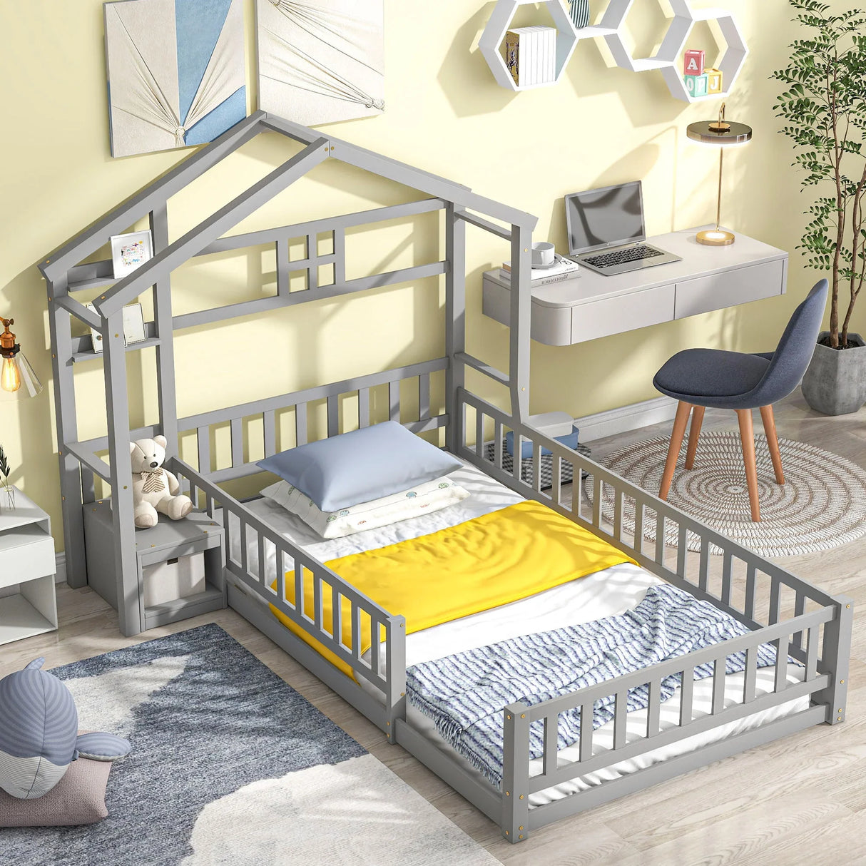 House-Style Headboard Floor Bed With Fence Guardrails Without Cushion - Furniture Home Direct