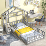 House-Style Headboard Floor Bed With Fence Guardrails Without Cushion - Furniture Home Direct