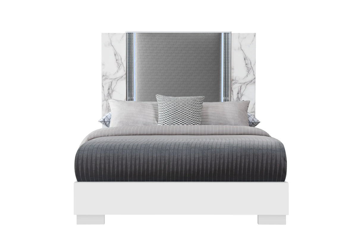 Moon 5 Piece White Marble King Bedroom Set(Inludes King Bed,Dresser,Mirror,Nightstand,Chest) - Furniture Home Direct