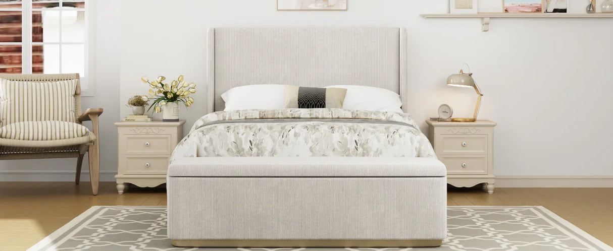 King Bed Corduroy Upholstered Storage Ottoman Light Grey - Furniture Home Direct