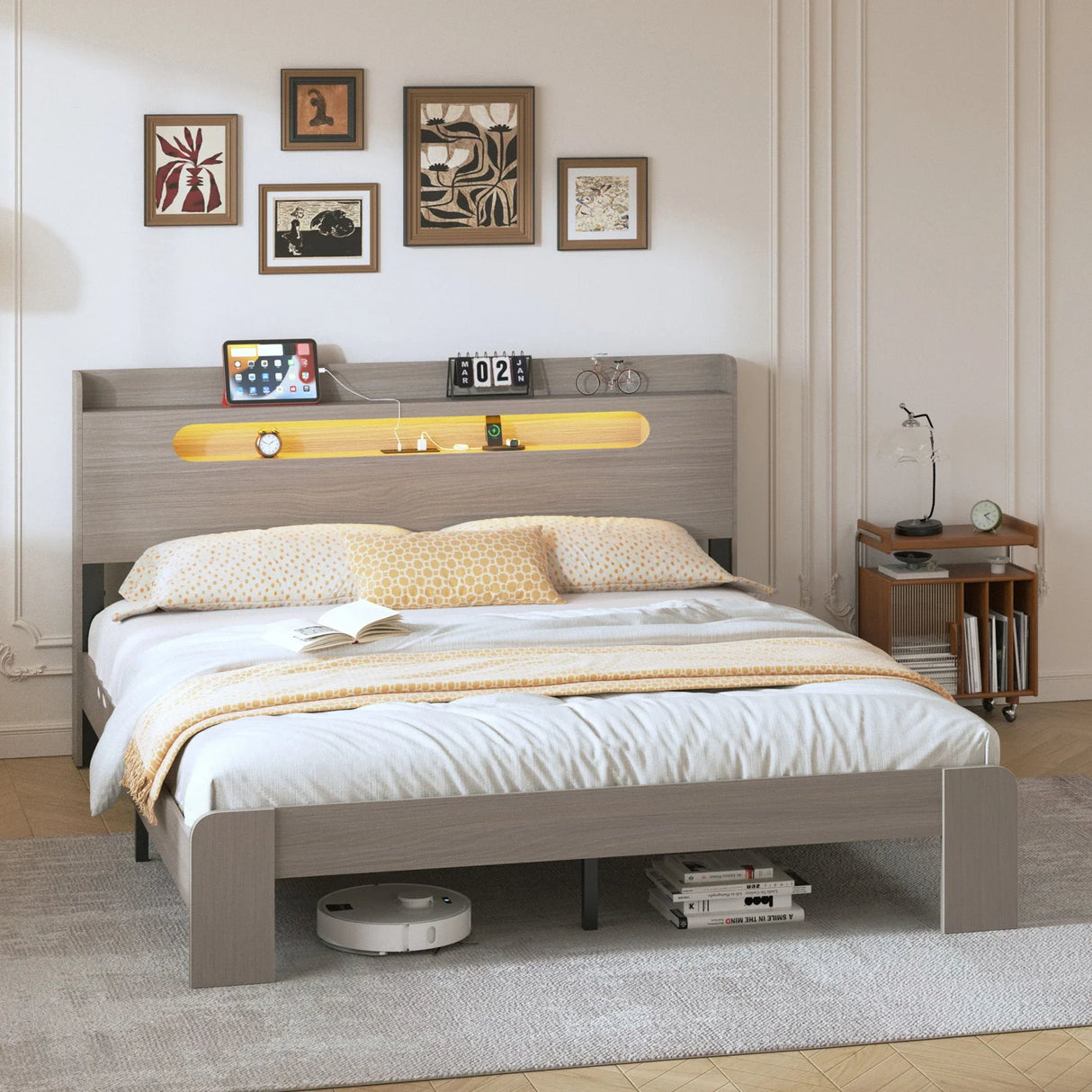 King Size Platform Bed Frame With Storage LED Light Headboard And Usb, Noise Free - Dark Gray - Furniture Home Direct