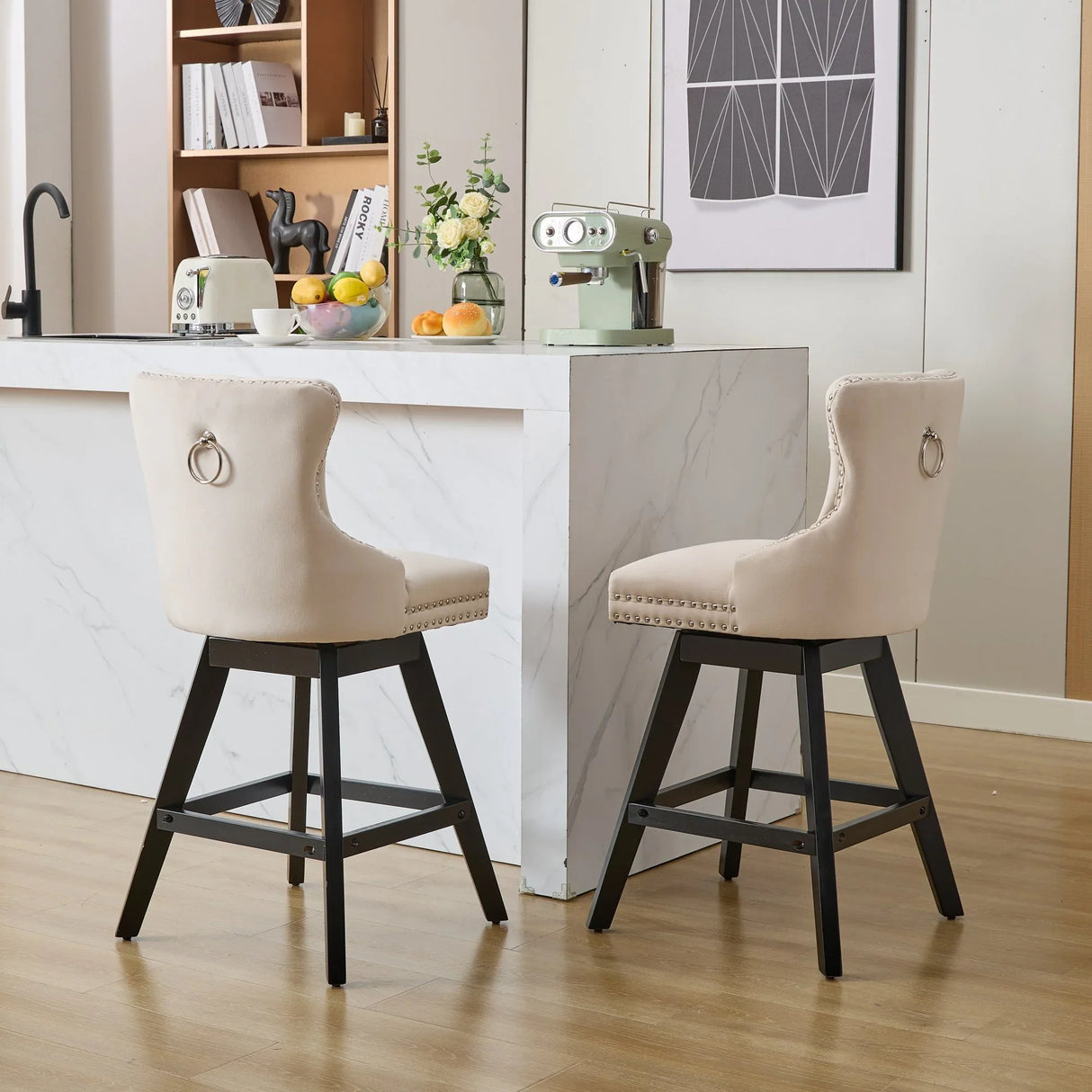 Bar Stools Counter Height Velvet Upholstered Set of 2 Beige - Furniture Home Direct