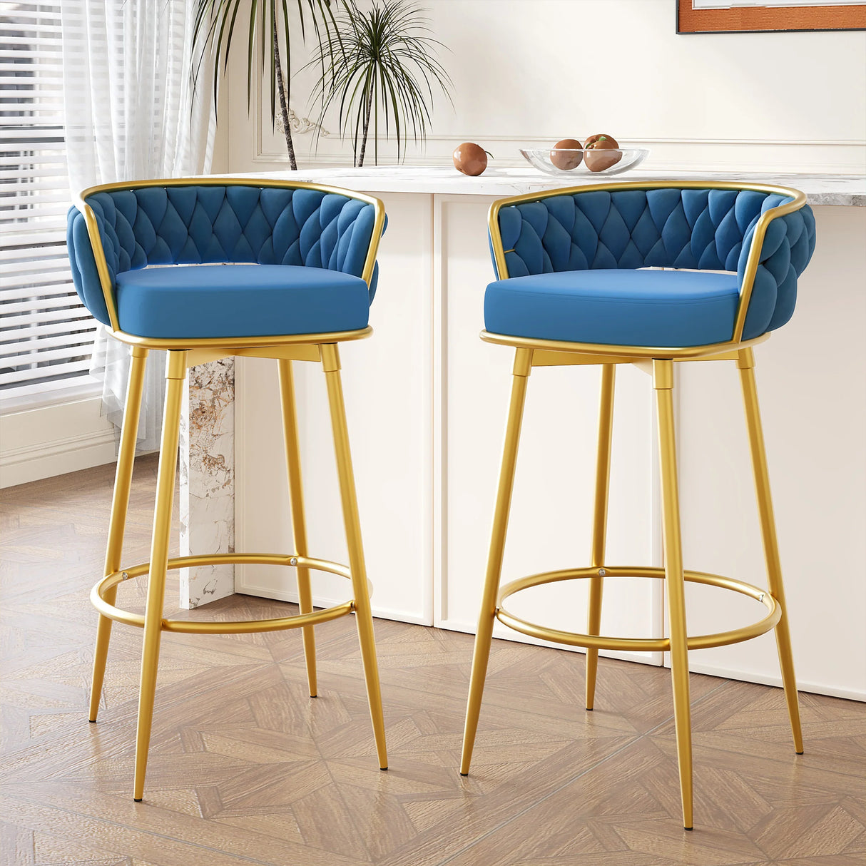 Counter Height Bar Stools Pair Tufted Gold Frame Blue - Furniture Home Direct