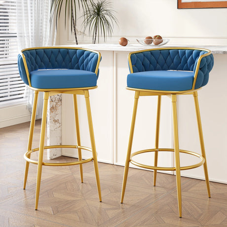 Counter Height Bar Stools Pair Tufted Gold Frame Blue - Furniture Home Direct