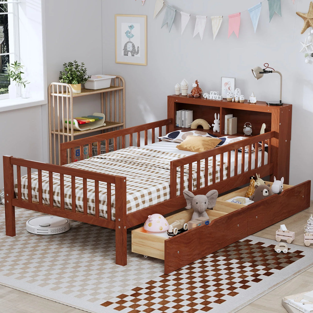 Bed With Headboard Storage Rack, 2 Under Bed Drawers, 3 Side Guardrails For Safety - Furniture Home Direct