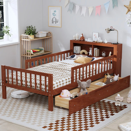 Bed With Headboard Storage Rack, 2 Under Bed Drawers, 3 Side Guardrails For Safety - Furniture Home Direct