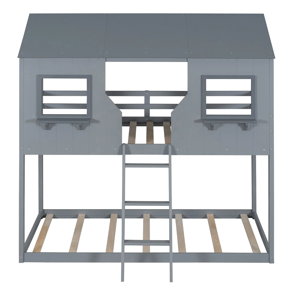Twin Over Twin Bunk Bed With Roof, Window, Guardrail, Ladder - Furniture Home Direct