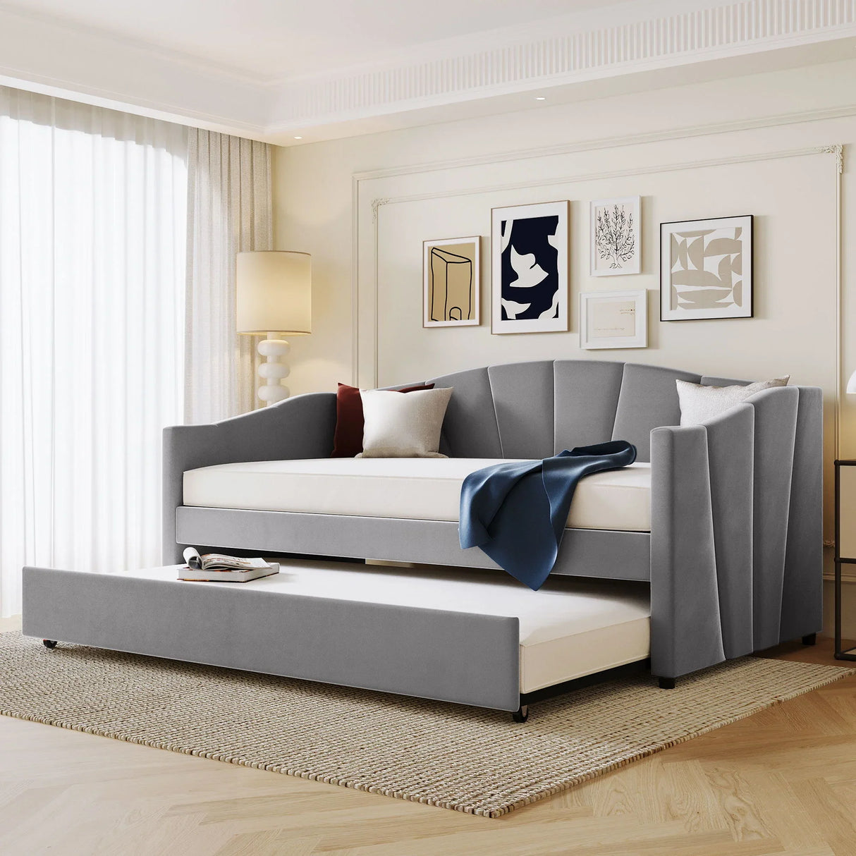 Upholstered Daybed Sofa Bed With Trundle Bed And Wood Slat - Furniture Home Direct