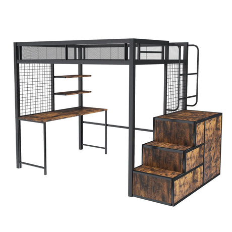 Heavy Duty Full Loft Bed With Desk & USB Charging Metal Frame With Storage Drawers And Staircase - Black - Furniture Home Direct