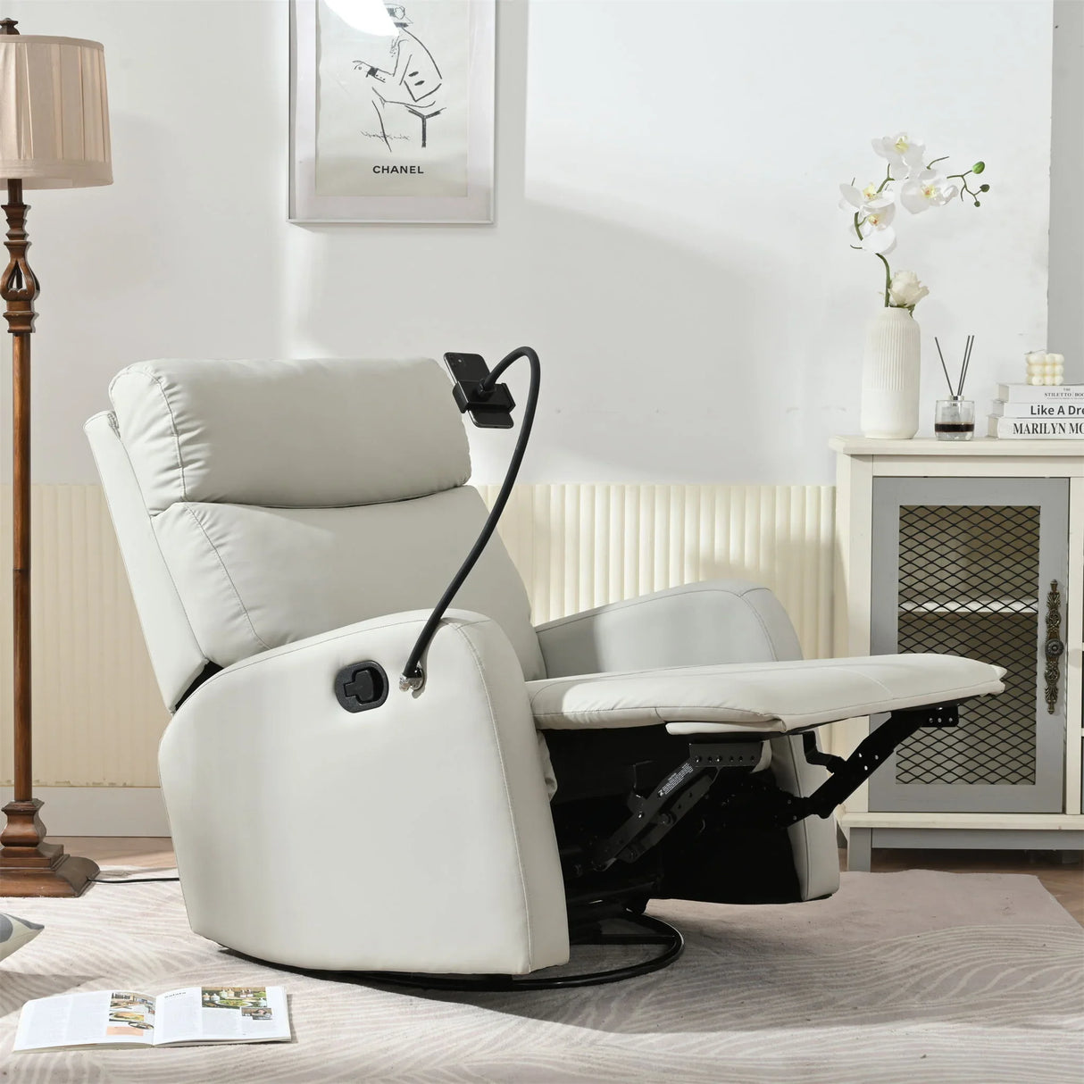 Rocking Recliner Chair, 360 Degree Swivel Nursery Rocking Chair, Glider Chair, Modern Small Rocking Swivel Recliner Chair For Bedroom, Living Room Chair Home Theater Seat, Phone Holder - Light Gray - Furniture Home Direct