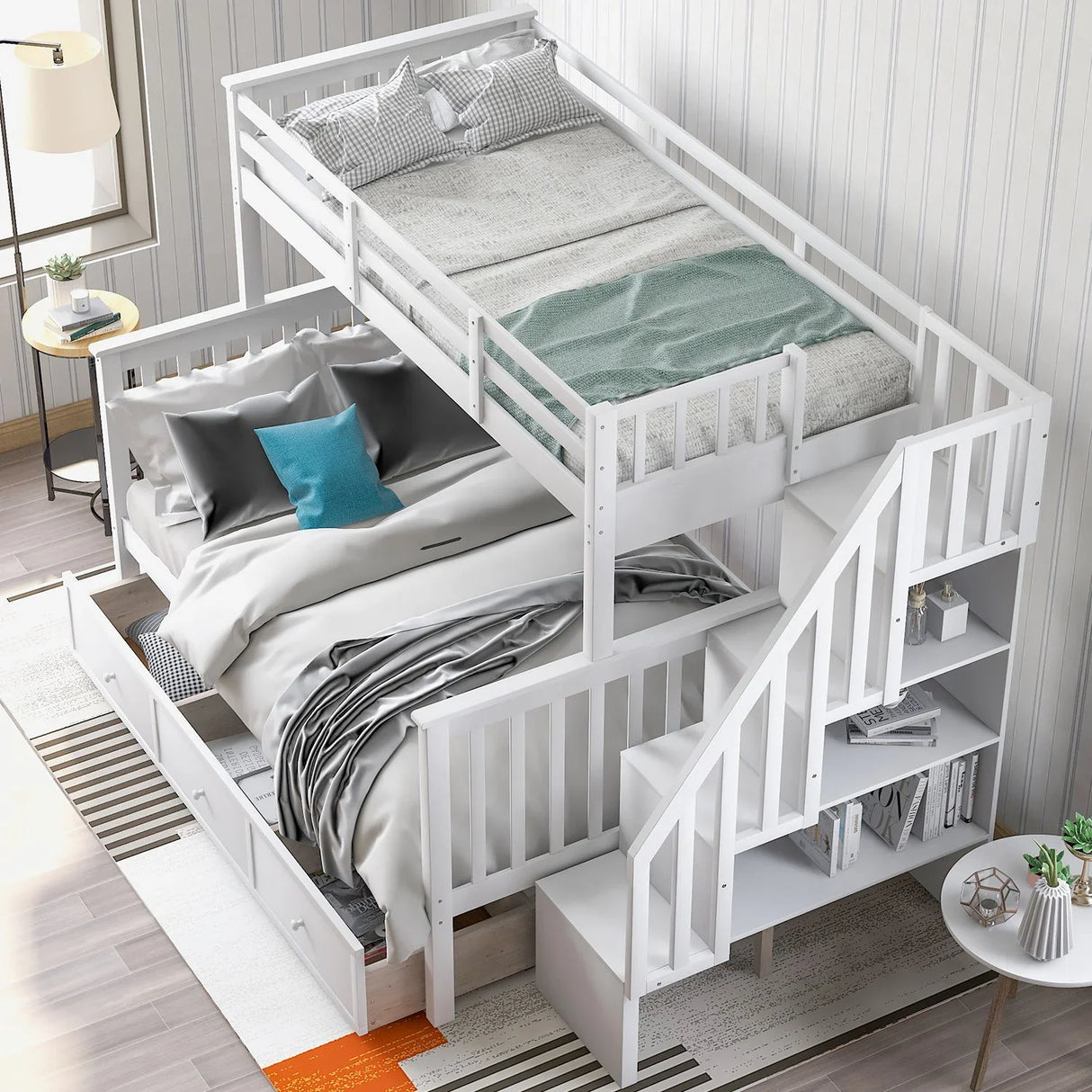Stairway Bunk Bed With Storage And Guard Rail For Bedroom - Furniture Home Direct