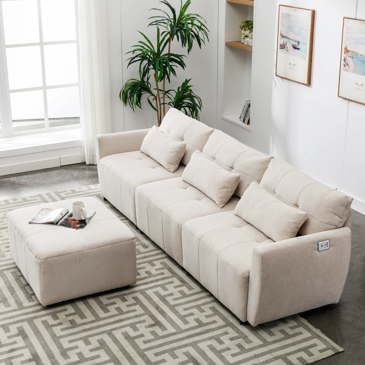 113.3 Modular Sectional With Ottoman And USB C Ports Beige - Furniture Home Direct