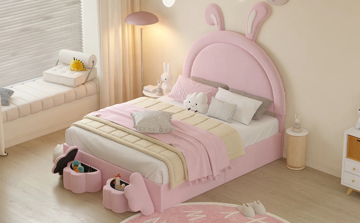 Rabbit Shaped Bed With Storage Stools Upholstered Pink - Furniture Home Direct