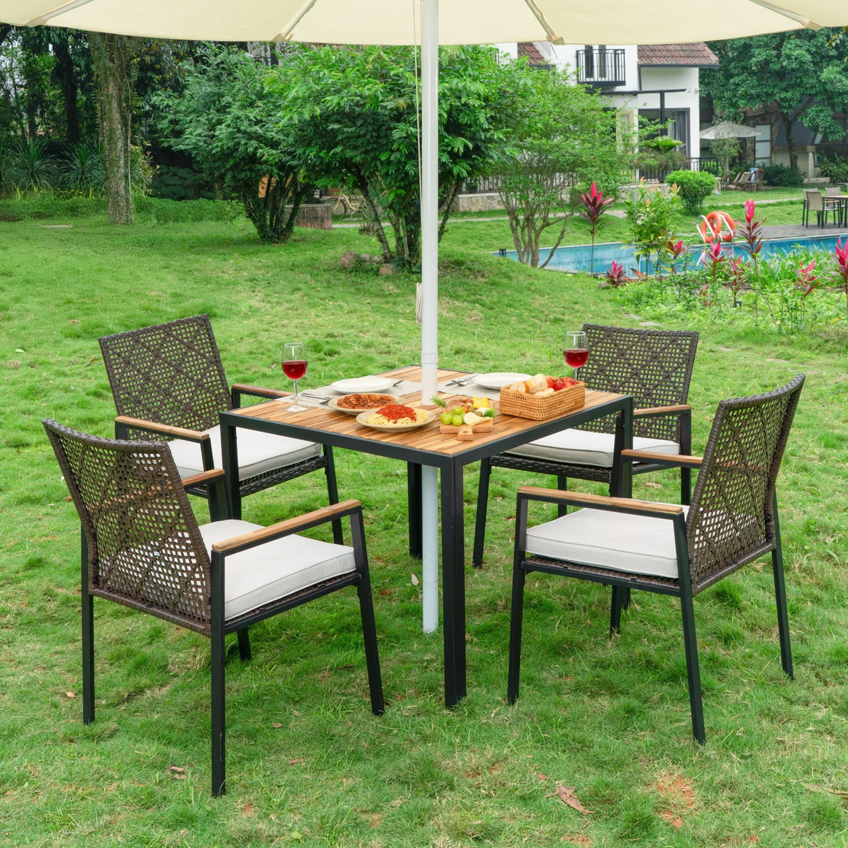 5 Piece Patio Dining Table Set, Acacia Wood Table Top With Umbrella Hole - Furniture Home Direct
