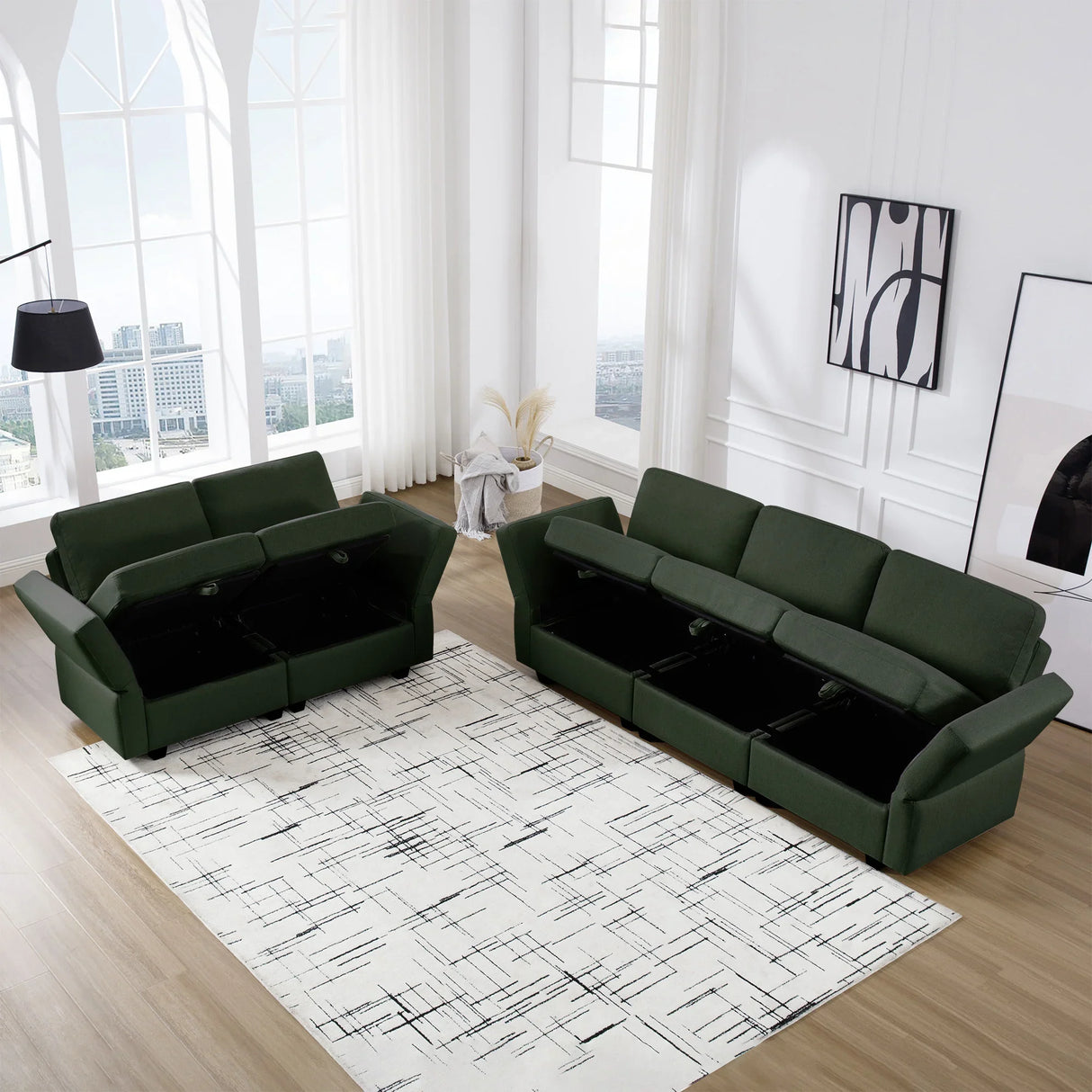 2 Pc Living room Set With Hidden Storage Under Seat and Adjustable Arms and Backs - Green - Furniture Home Direct