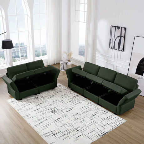 2 Pc Living room Set With Hidden Storage Under Seat and Adjustable Arms and Backs - Green - Furniture Home Direct