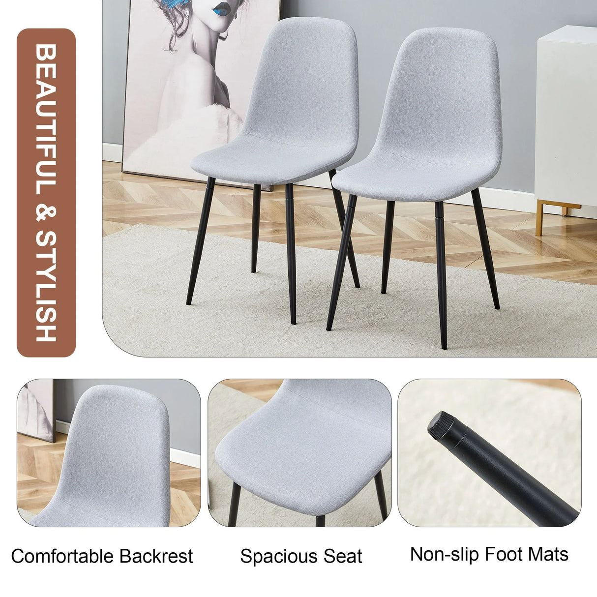 Modern Medieval Style Cushioned Side Chairs Set With Black Metal Legs For Kitchens - Furniture Home Direct