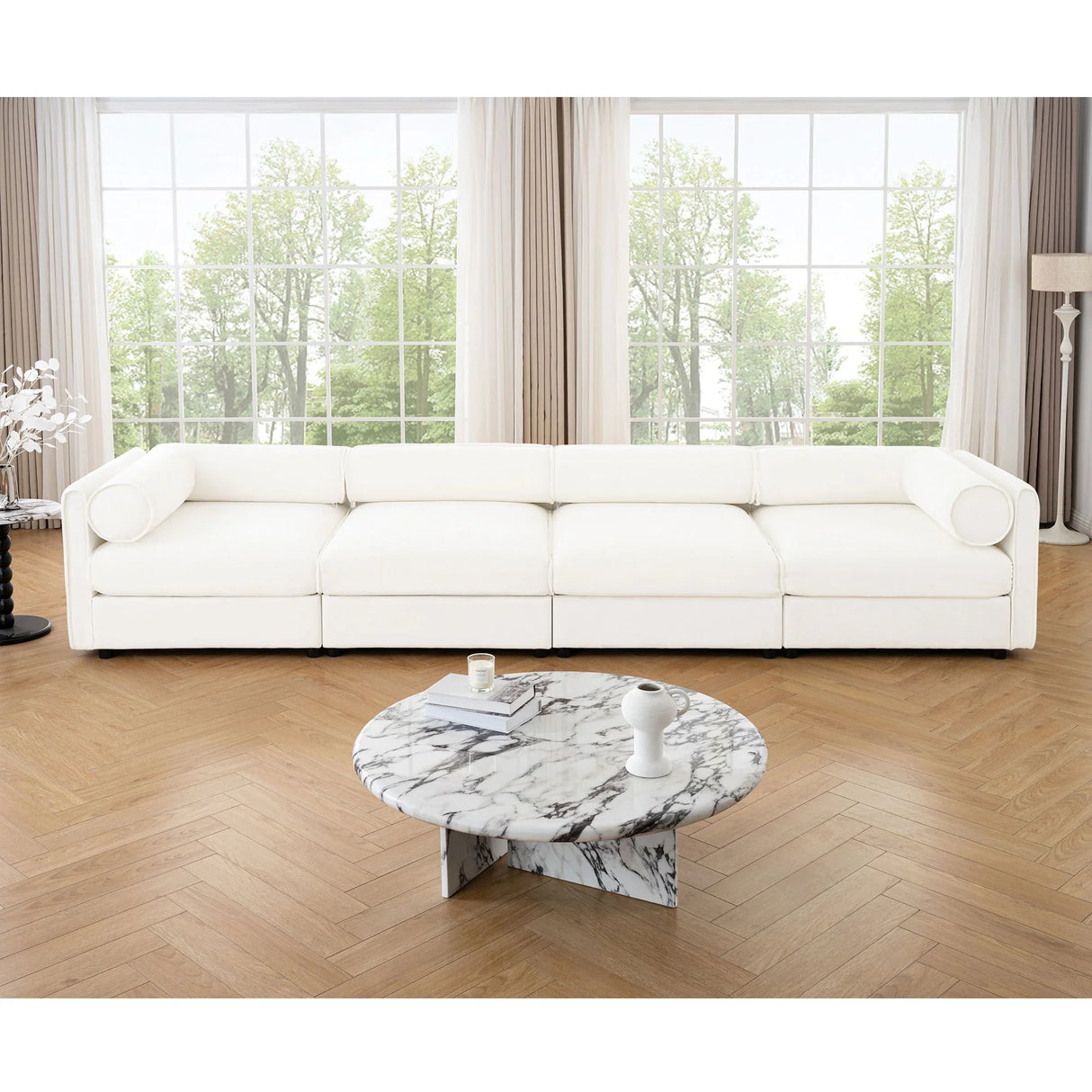 Stylish Chenille Sofa With Storage Seat And Cylindrical Backrest - Furniture Home Direct