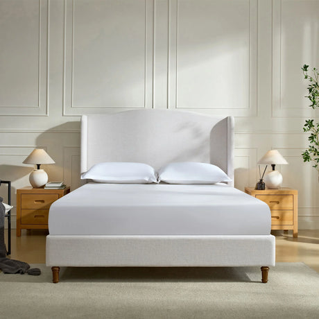 Hannah - Upholstered Wingback Bed Size / Tall Headboard Upholstered King Bed / Premium Textured Canvas Chenille Look / Minimalist Designs / No Box Spring Needed - Furniture Home Direct