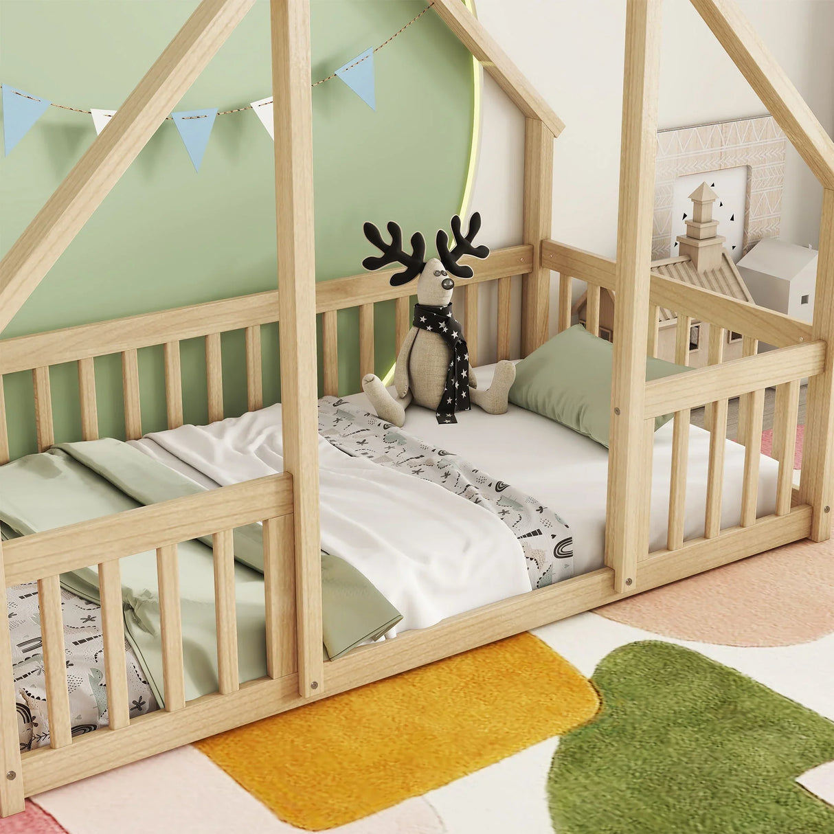 Wood House-Shaped Floor Bed With Fence, Guardrails - Furniture Home Direct