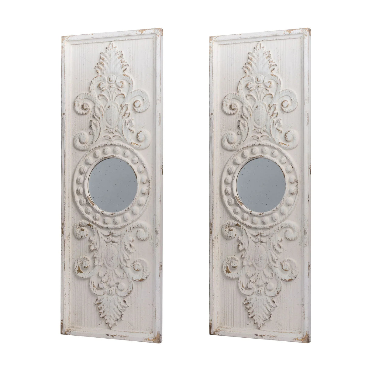 Large Wooden Wall Art Panels With Distressed Round Mirror Accents (Set of 2) - White - Furniture Home Direct