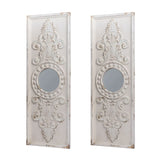 Large Wooden Wall Art Panels With Distressed Round Mirror Accents (Set of 2) - White - Furniture Home Direct