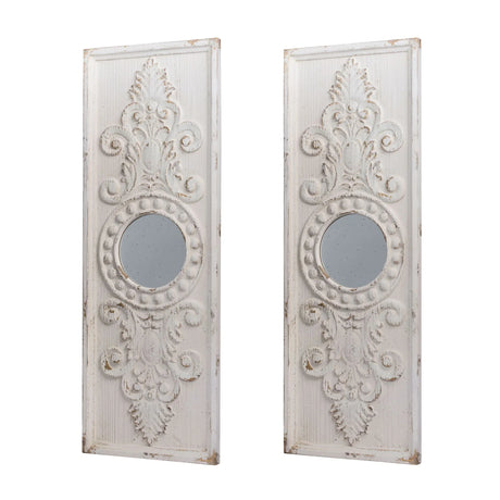 Large Wooden Wall Art Panels With Distressed Round Mirror Accents (Set of 2) - White - Furniture Home Direct
