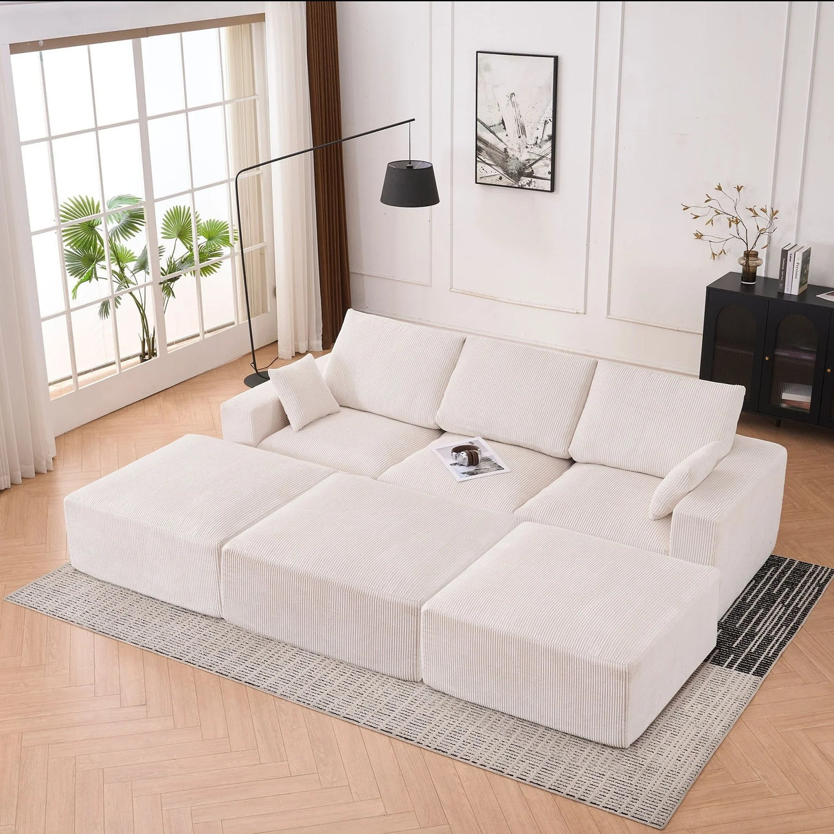 Modular Sectional Sofa With Ottoman, USB And Type C Charger, Petal Armrest Design - Furniture Home Direct