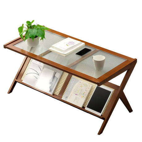 Rattan Coffee Tables For Living Room, Mid Century Modern Coffee Table With Glass Top, Large Boho Center Table With Storage - Brown - Furniture Home Direct